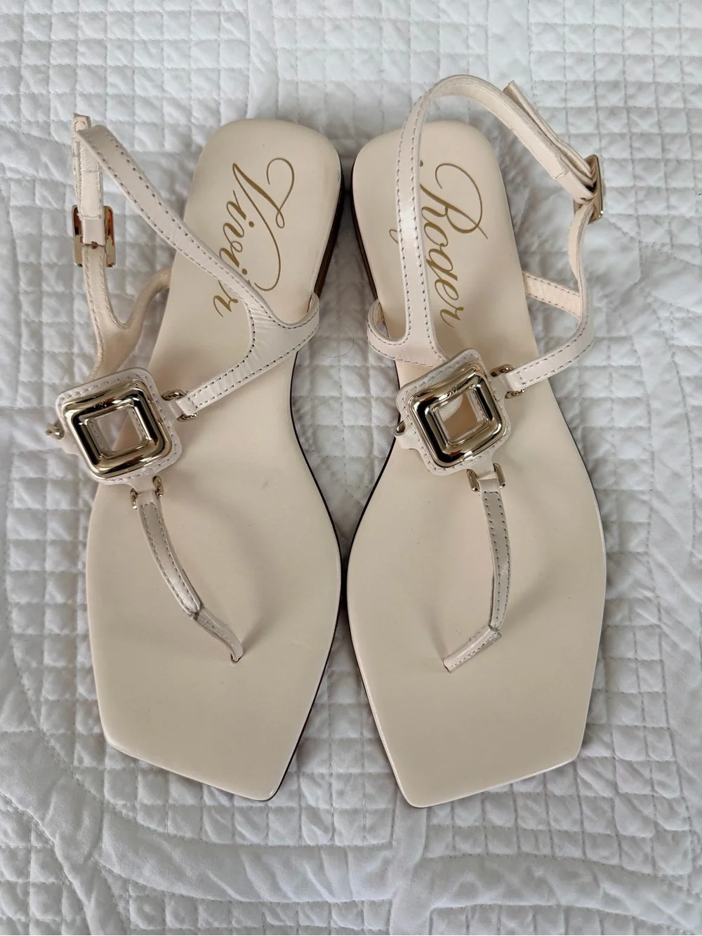 Roger Vivier Ivory Leather T-Strap Sandals with Gold Buckles
